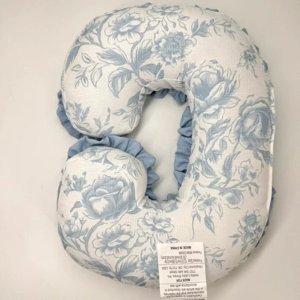Dorm Letter C Throw Pillow NWT Blue White Floral Toile Ruffle Monogram Decor
